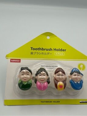 MINISO 4-Pack Cute Character Toothbrush Holders - Green, Pink, Yellow, Blue